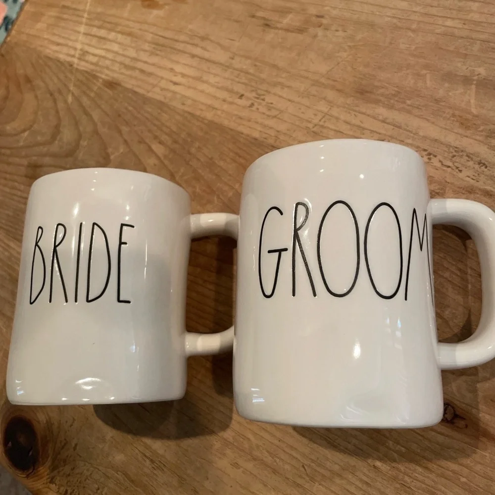 Rae Dunn matching bride and groom mugs EUC.